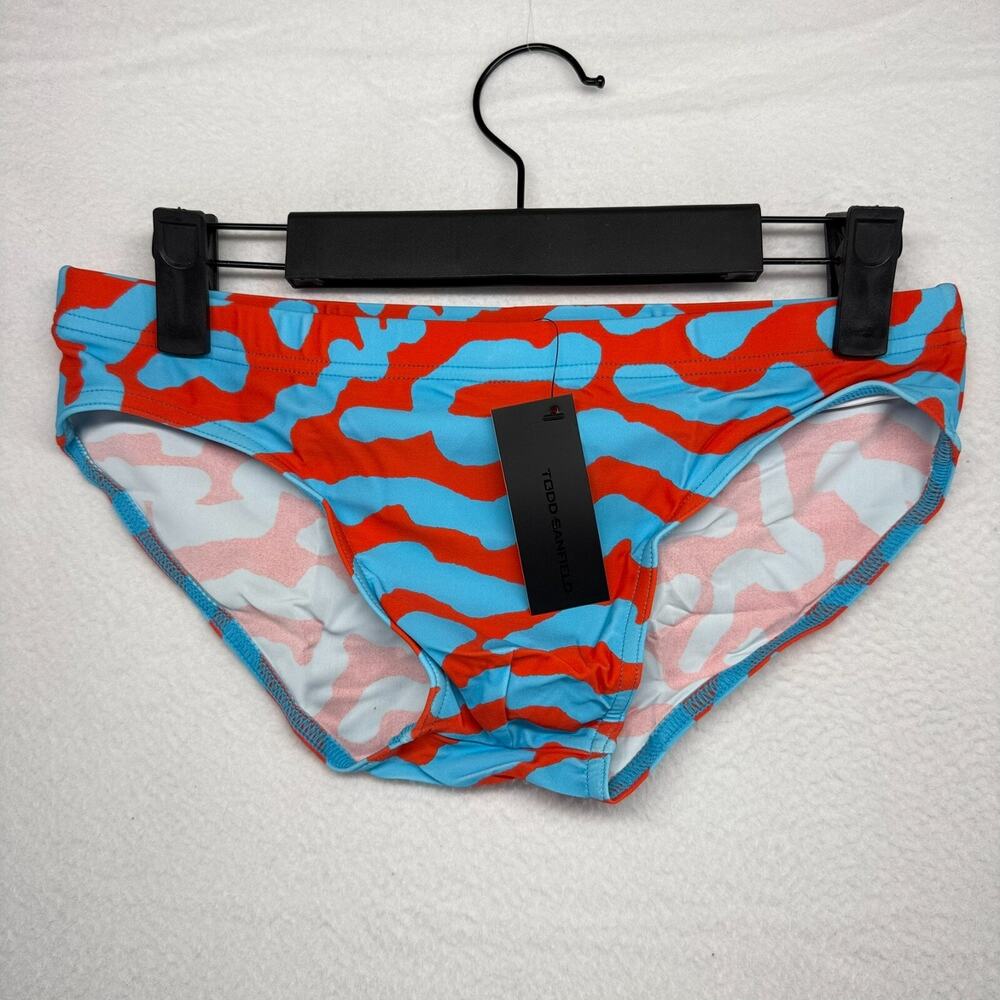 Todd Sanfield Swim Brief Men's XS Blue Red Discus Shallow Abstract Swimsuit NEW